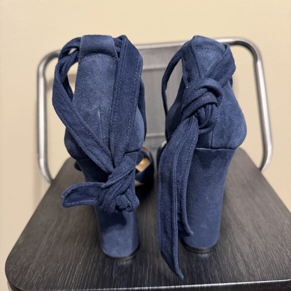 Karl Lagerfeld Paris Navy Blue Suede Ankle Strap Block Heels - Picture 7 of 13